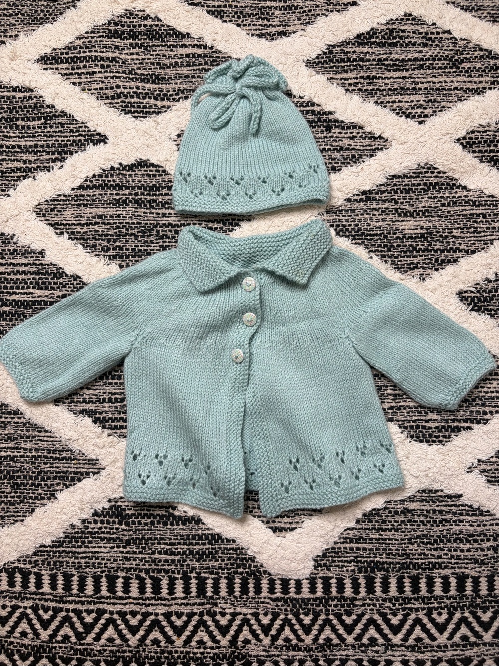 Vintage crochet Hand-Knit Baby Cardigan & Hat Set - Mint Green